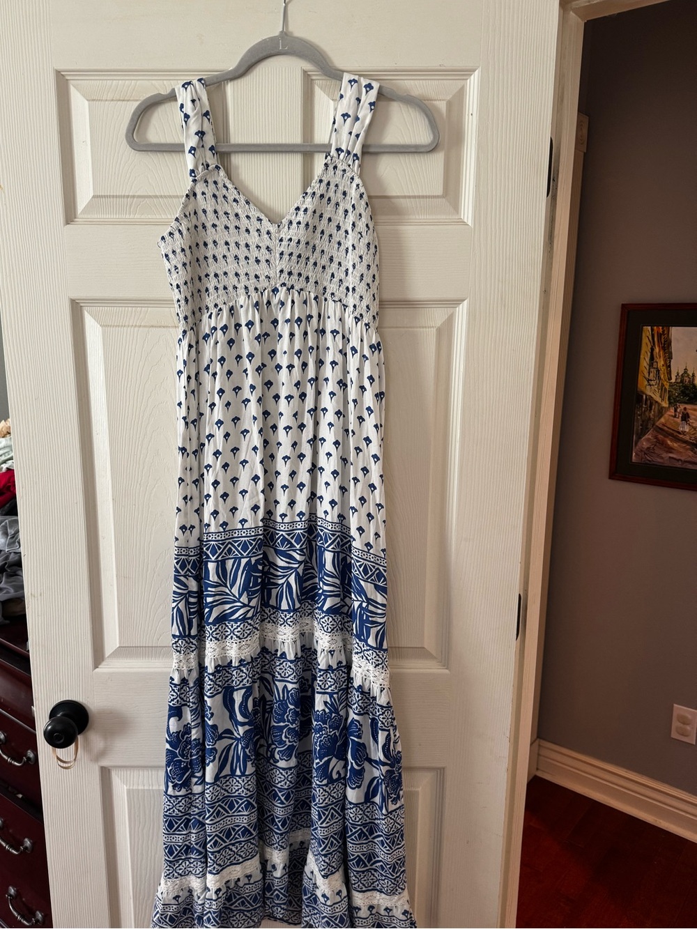 Angie White Maxi Dress with Blue Floral Print